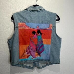 VTG Watch L.A. Western Vest Mens L Blue Denim Native American Art Button Front